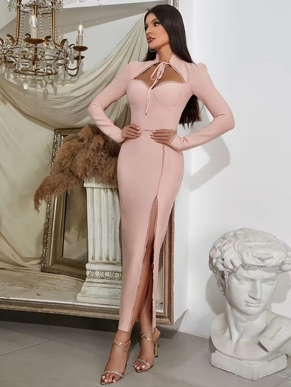 Sexy Striped Lace Up Midi Calf Women Bandage Dress Long Sleeve Square Collar Split Bodycon Celebrity Evening Party Dress