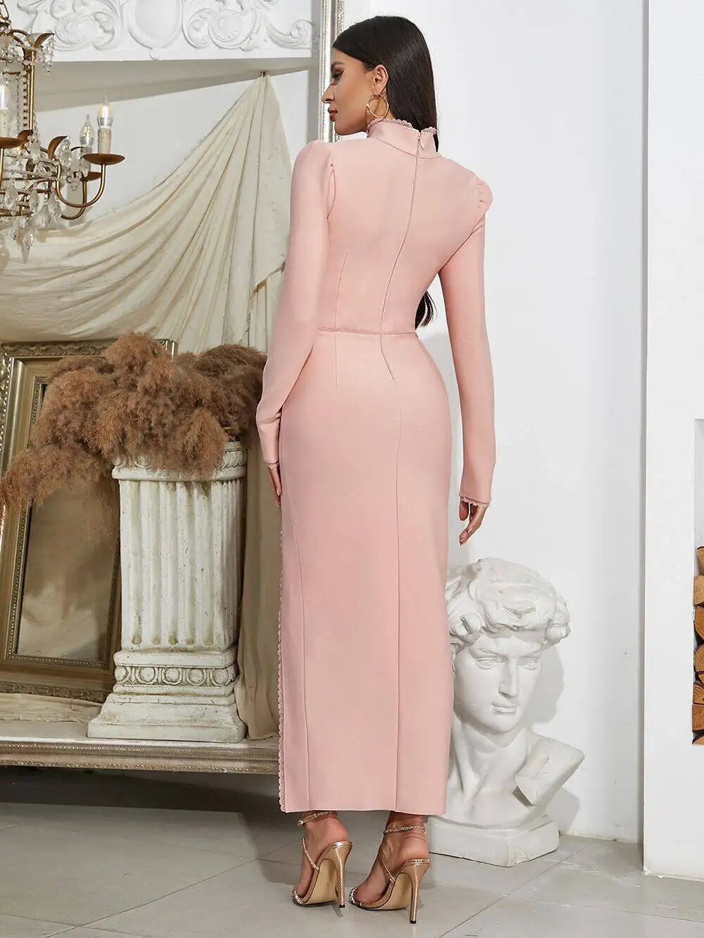 Sexy Striped Lace Up Midi Calf Women Bandage Dress Long Sleeve Square Collar Split Bodycon Celebrity Evening Party Dress