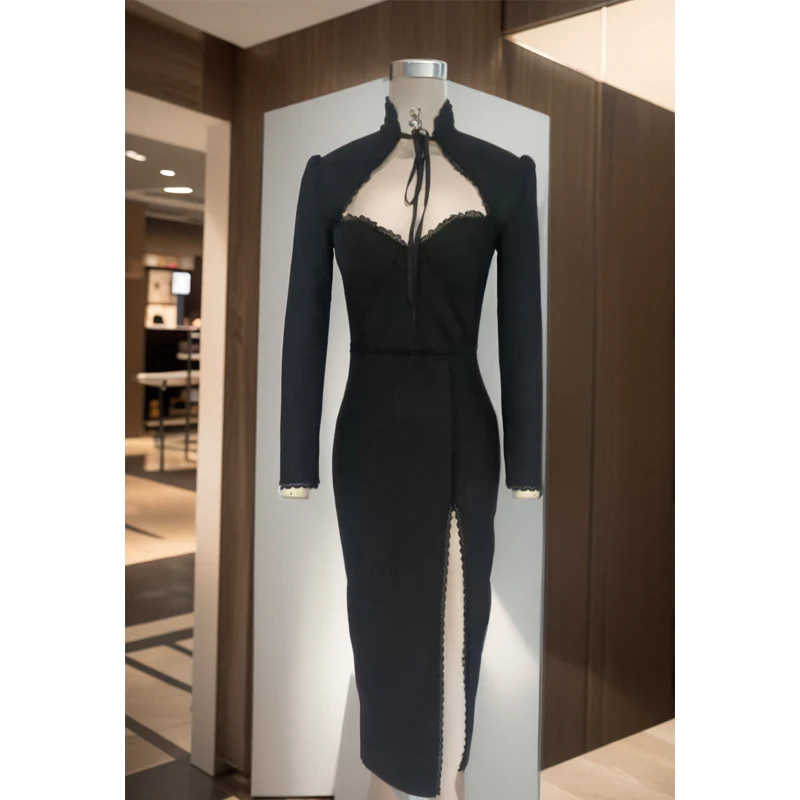 Sexy Striped Lace Up Midi Calf Women Bandage Dress Long Sleeve Square Collar Split Bodycon Celebrity Evening Party Dress