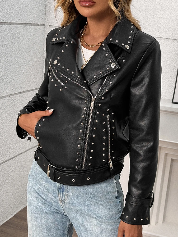 Ailegogo Spring Autumn Women Streetwear Rivet Zipper Belt Faux Leather Jacket Vintage Female Moto Biker Coat Outwear
