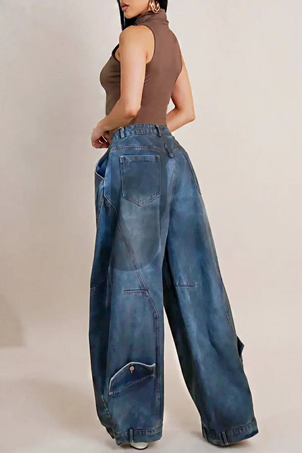 Wide Leg Pants Women Vintage Denim Jeans Punk Style Loose Trousers Stretch Mid Waist Washed Distressed 2026 Mom Streetwear