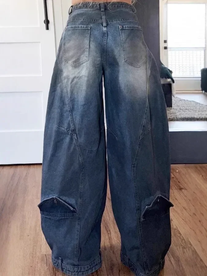 Wide Leg Pants Women Vintage Denim Jeans Punk Style Loose Trousers Stretch Mid Waist Washed Distressed 2026 Mom Streetwear