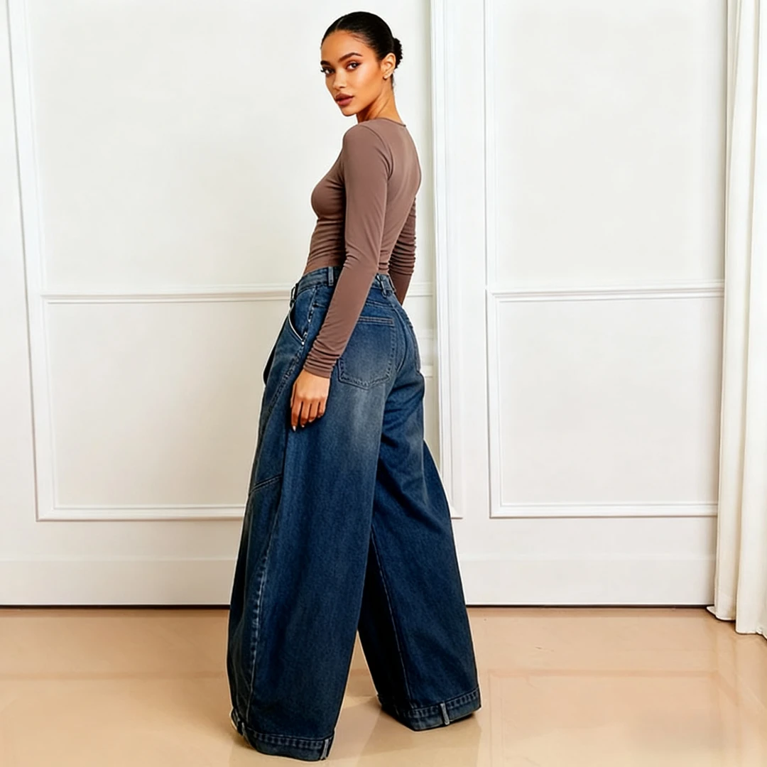Wide Leg Pants Women Vintage Denim Jeans Punk Style Loose Trousers Stretch Mid Waist Washed Distressed 2026 Mom Streetwear