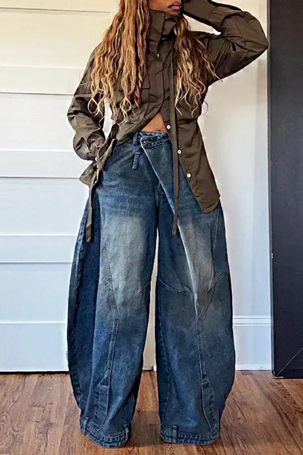 Wide Leg Pants Women Vintage Denim Jeans Punk Style Loose Trousers Stretch Mid Waist Washed Distressed 2026 Mom Streetwear