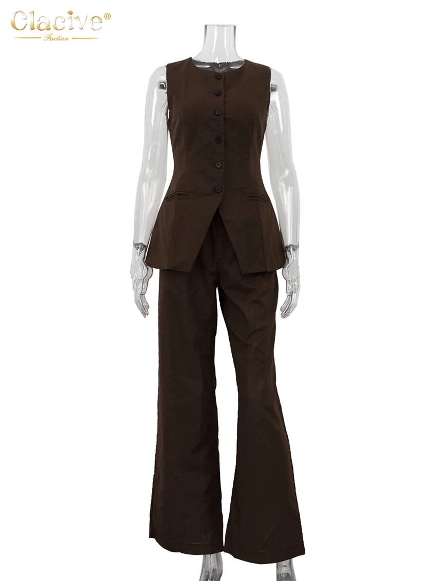 Clacive Summer Slim Brown Linen Pants Set 2 Piece Woman Fashion Sleeveless Tank Top With High Waist Wide Trousers Suits Female