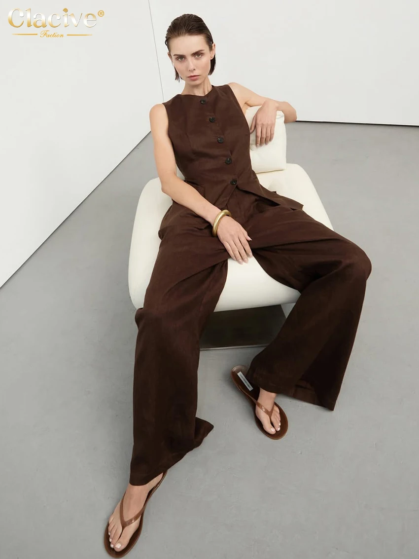 Clacive Summer Slim Brown Linen Pants Set 2 Piece Woman Fashion Sleeveless Tank Top With High Waist Wide Trousers Suits Female