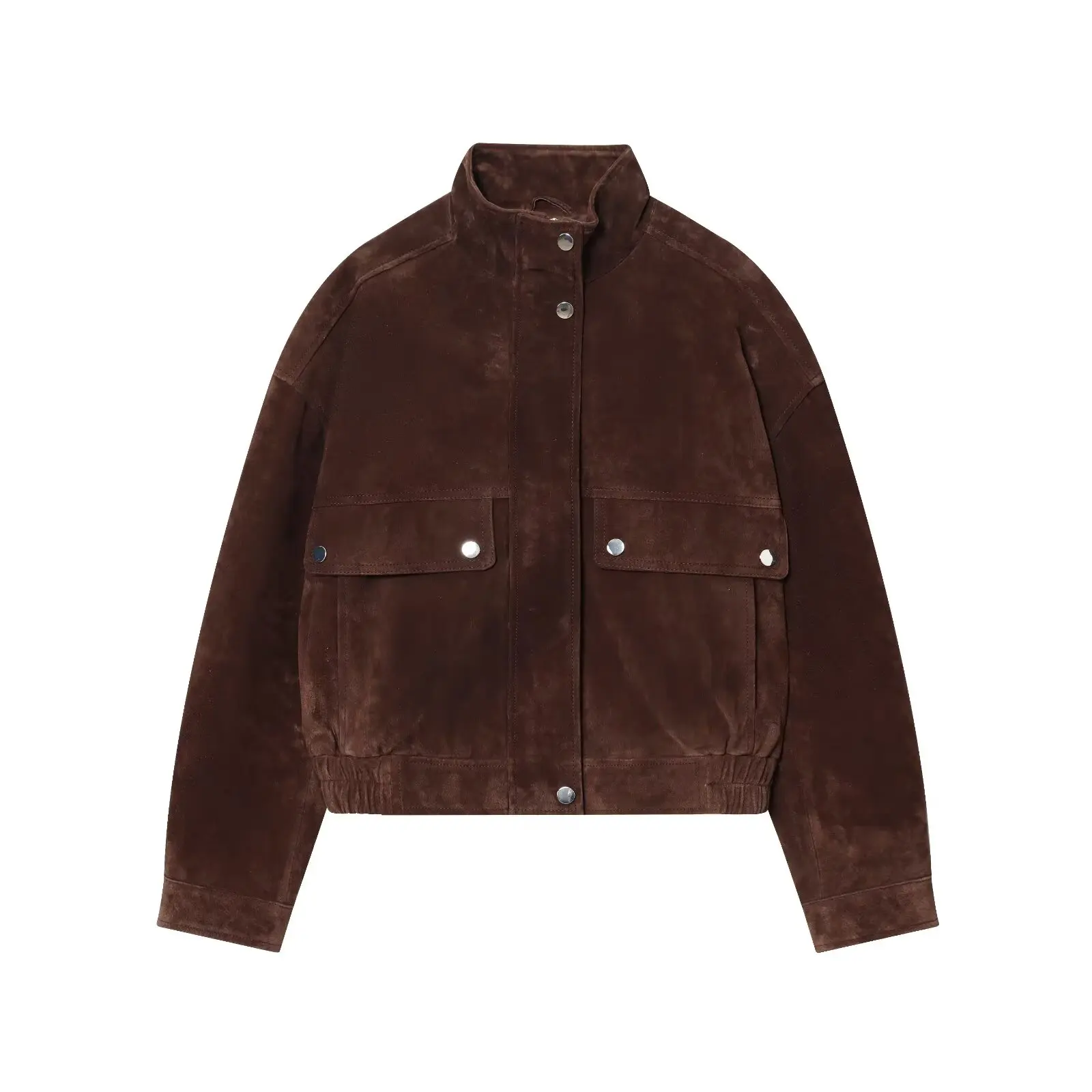 Women Suede Leather Jacket with Pockets Autumn Fashion High Collar Long Sleeve Button Jacket Lady Coats Causal Female Chic Tops
