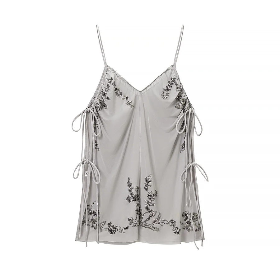 Nlzgmsj 2026 Women Sequin Embroidery Two Piece Set Spaghetti Strap Deep V Neck Side Tie Up Cami Top Lantern Loose Pants Vacation