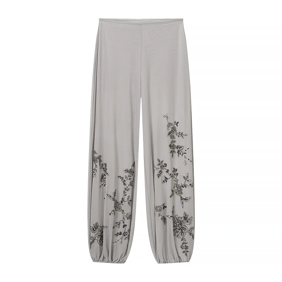 Nlzgmsj 2026 Women Sequin Embroidery Two Piece Set Spaghetti Strap Deep V Neck Side Tie Up Cami Top Lantern Loose Pants Vacation