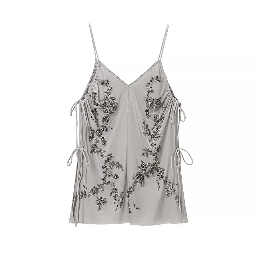 Nlzgmsj 2026 Women Sequin Embroidery Two Piece Set Spaghetti Strap Deep V Neck Side Tie Up Cami Top Lantern Loose Pants Vacation