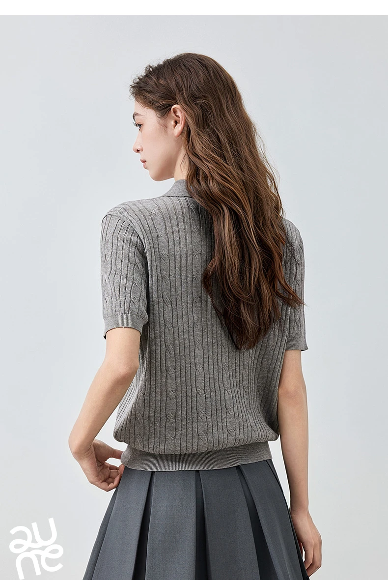 TOYOUTH Women Knit Top Summer 2026 Tianshuang Linen High Intelligence Retro Cable Knit Temperament Short Sleeve Elegant Style