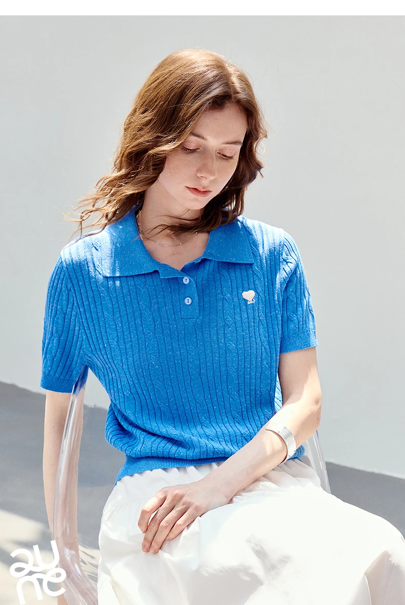 TOYOUTH Women Knit Top Summer 2026 Tianshuang Linen High Intelligence Retro Cable Knit Temperament Short Sleeve Elegant Style