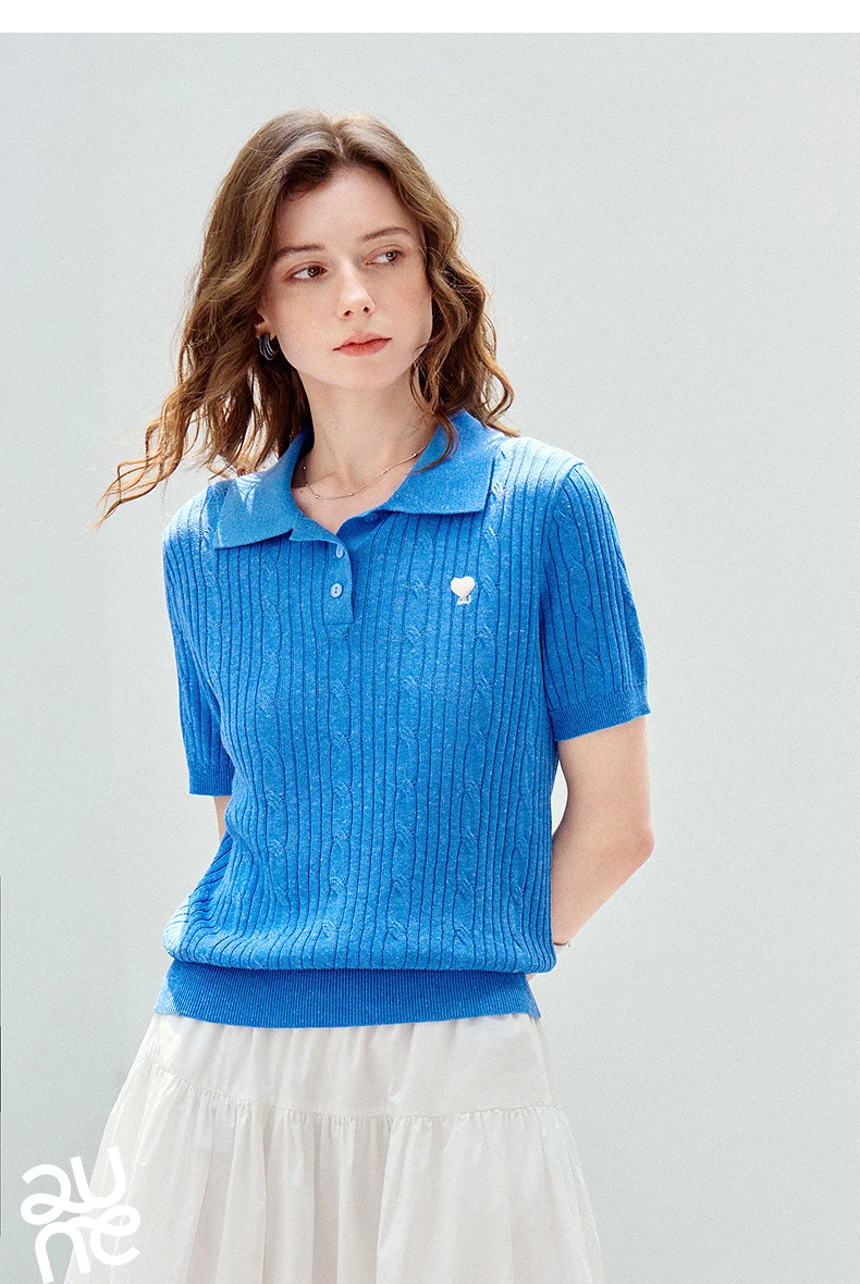 TOYOUTH Women Knit Top Summer 2026 Tianshuang Linen High Intelligence Retro Cable Knit Temperament Short Sleeve Elegant Style