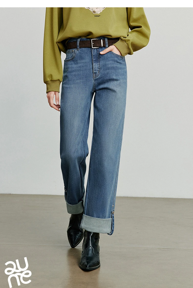 TOYOUTH Women Denim Jeans 2025 Autumn New Lyocell Rolling Up Hem Elastic and Simple Straight Leg Ankle Length Pants