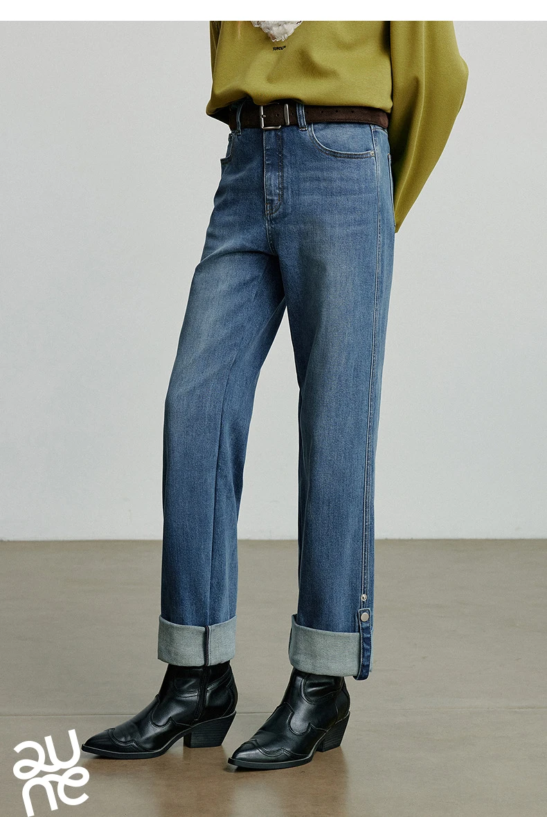 TOYOUTH Women Denim Jeans 2025 Autumn New Lyocell Rolling Up Hem Elastic and Simple Straight Leg Ankle Length Pants