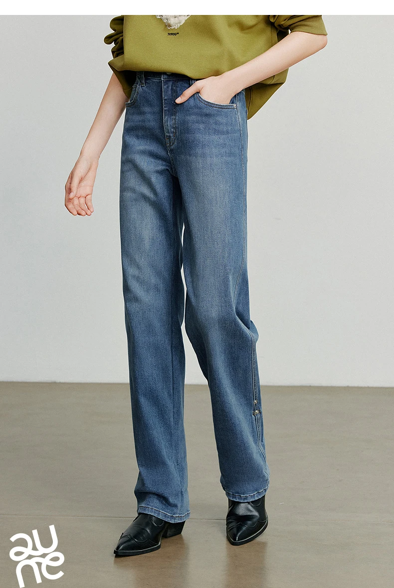 TOYOUTH Women Denim Jeans 2025 Autumn New Lyocell Rolling Up Hem Elastic and Simple Straight Leg Ankle Length Pants