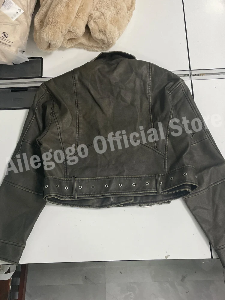 Ailegogo Women Vintage Loose Washed Faux Leather Short Jacket Streetwear Female Zipper Belt Moto Biker Retro Coat Outwear Tops