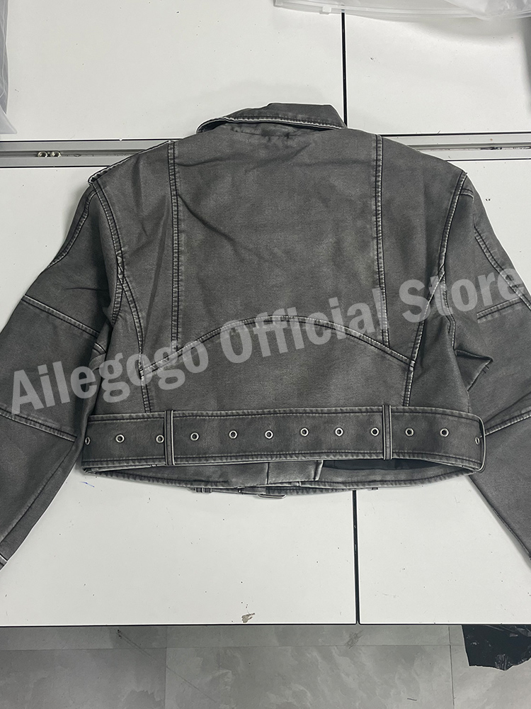 Ailegogo Women Vintage Loose Washed Faux Leather Short Jacket Streetwear Female Zipper Belt Moto Biker Retro Coat Outwear Tops