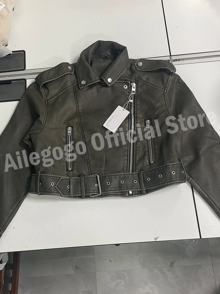 Ailegogo Women Vintage Loose Washed Faux Leather Short Jacket Streetwear Female Zipper Belt Moto Biker Retro Coat Outwear Tops