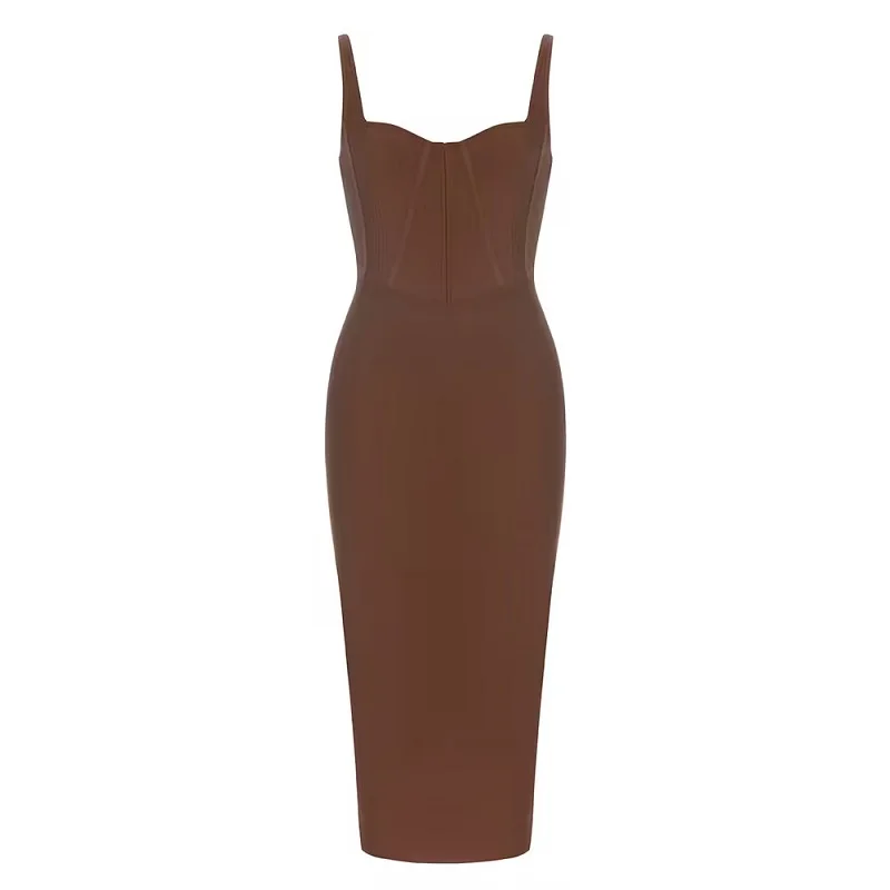 Dark Brown Long Dress Strap Sleeveless Bodycon Bandage Dress Sexy Fashion Women's Summer Celebrity Evening Party Dress Vestidos