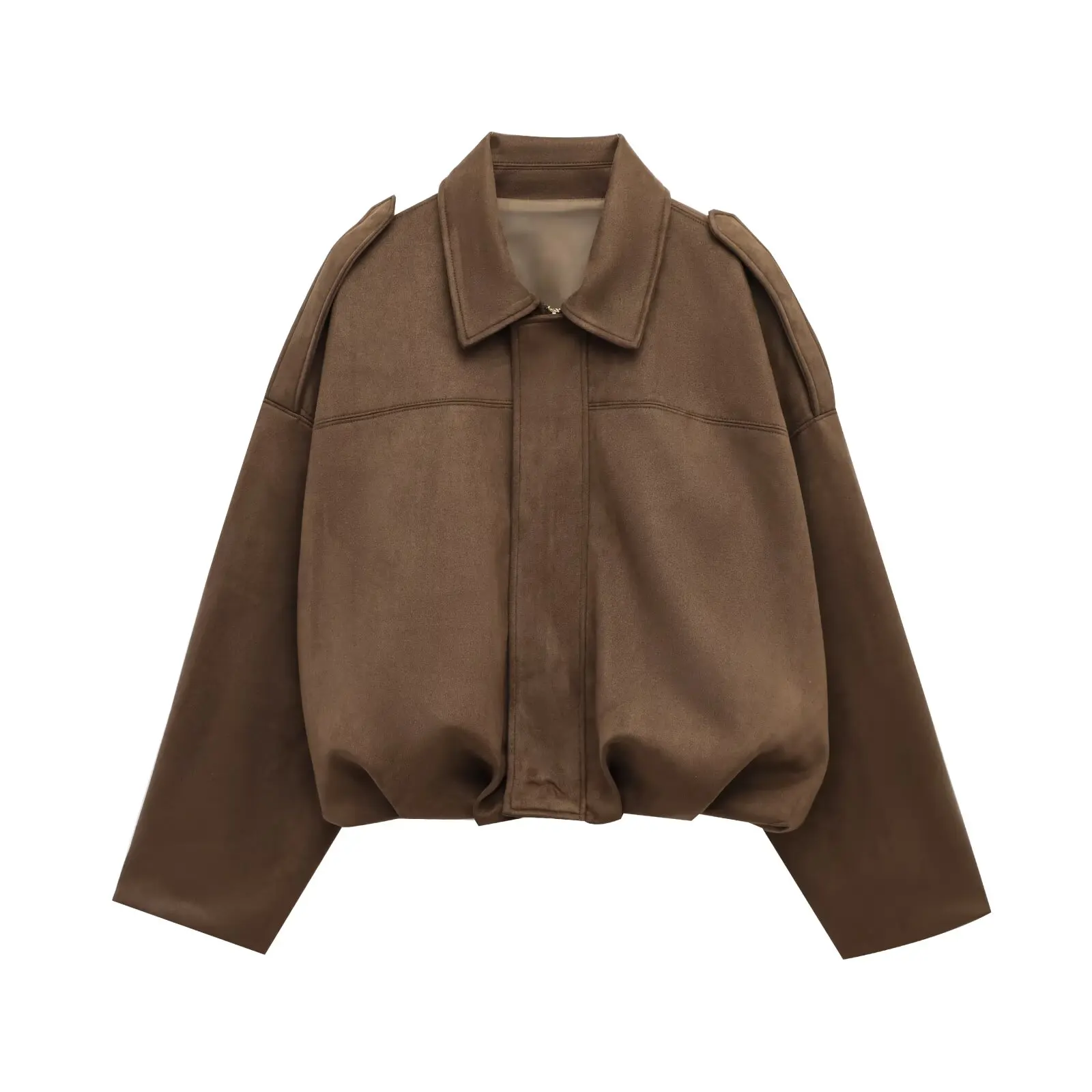 HH Women's Suede Texture Jacket High Street Turn-Down Collar Long Sleeve Elastic Zipper Button Solid Spring Trendy Coat