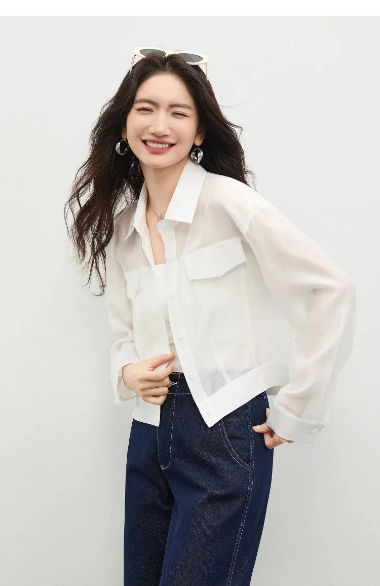 SENTUBILA Lyocell Shirt Women Sun Protection See-Through Tops 2026 Spring Summer Short Shirt Jacket Woman Shackets Q61WF6012
