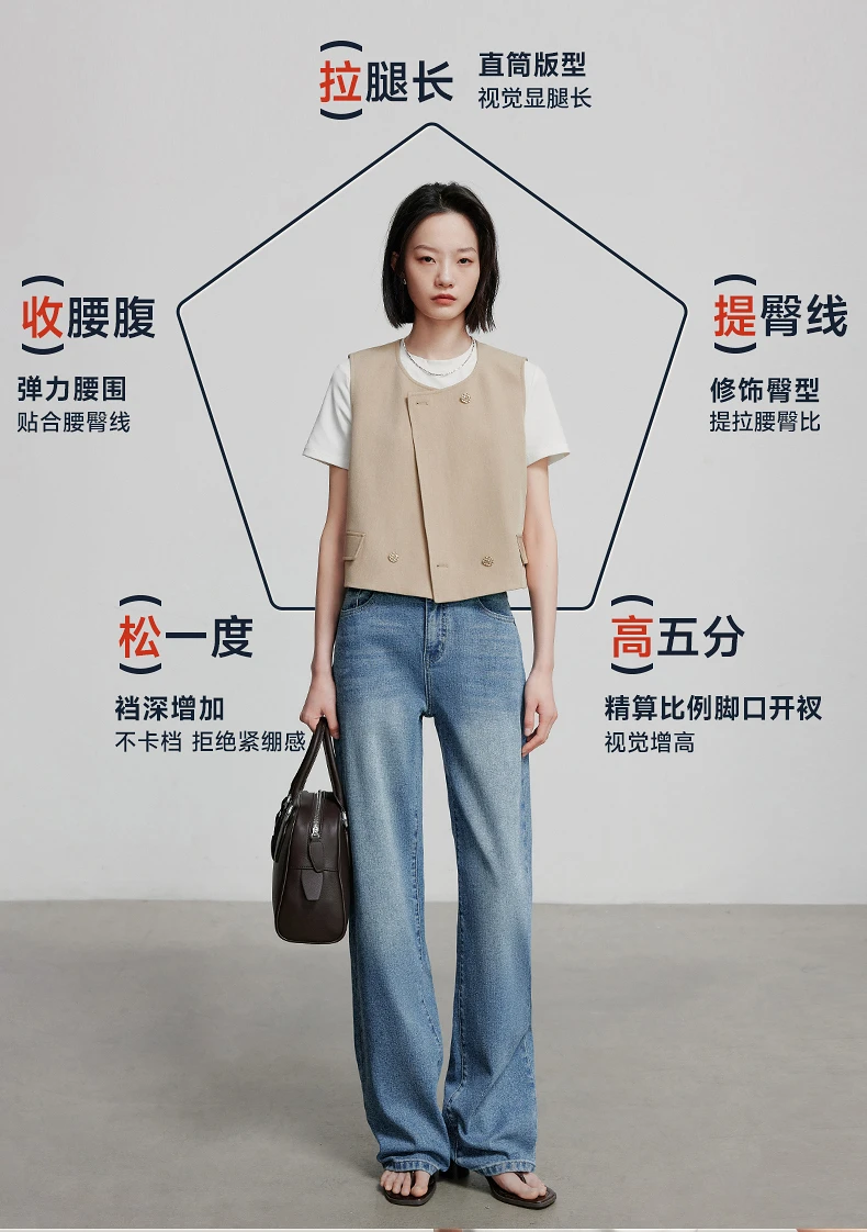 TOYOUTH Women Denim Jeans 2025 Spring New Fashionable Embroidered Mid Wasit Versatile Wide Leg Pants