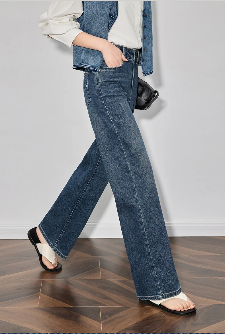 TOYOUTH Women Denim Jeans 2025 Spring New Fashionable Embroidered Mid Wasit Versatile Wide Leg Pants