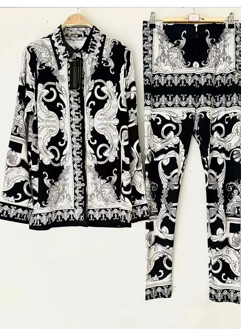 Retro Printed Lapel Long-Sleeved Shirt 2025 Spring Women's New Suit + Elastic Waist Slim Elastic Feet Pants Fashion Two-Piece Su