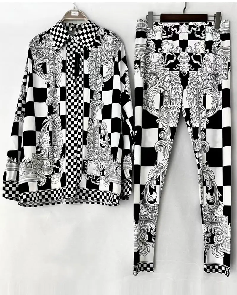 Retro Printed Lapel Long-Sleeved Shirt 2025 Spring Women's New Suit + Elastic Waist Slim Elastic Feet Pants Fashion Two-Piece Su