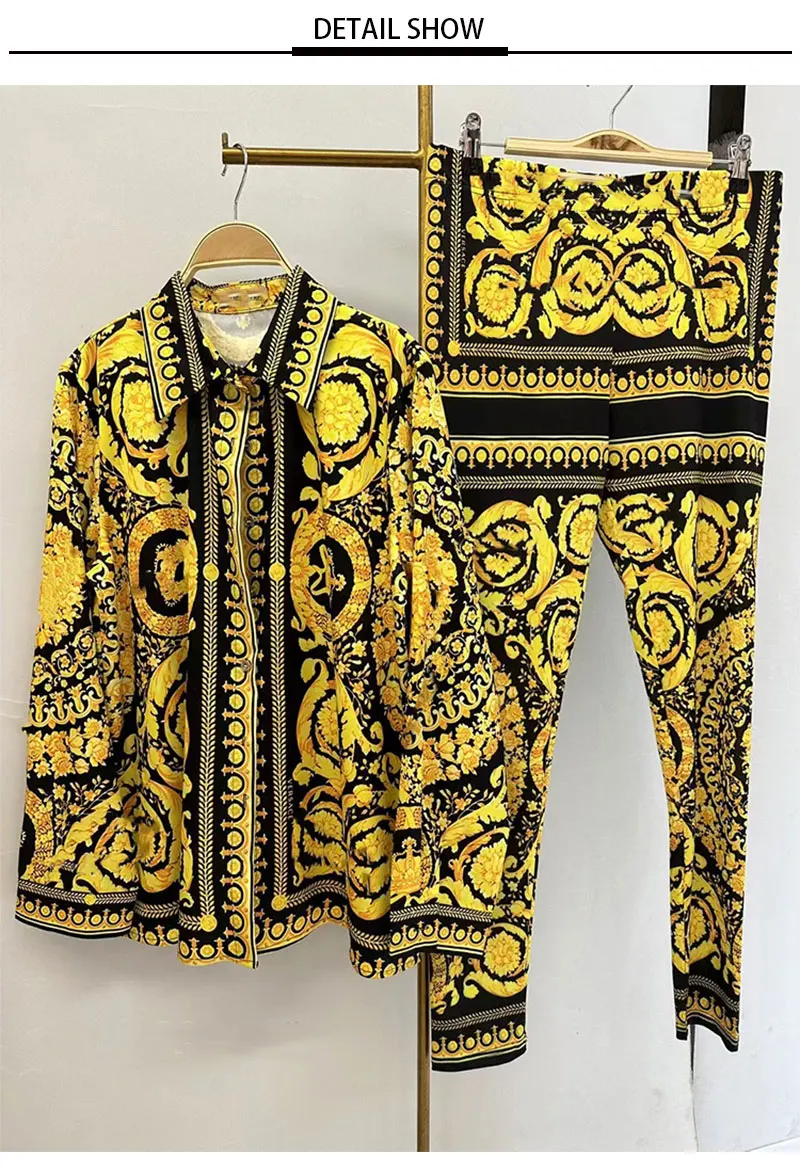 Retro Printed Lapel Long-Sleeved Shirt 2025 Spring Women's New Suit + Elastic Waist Slim Elastic Feet Pants Fashion Two-Piece Su