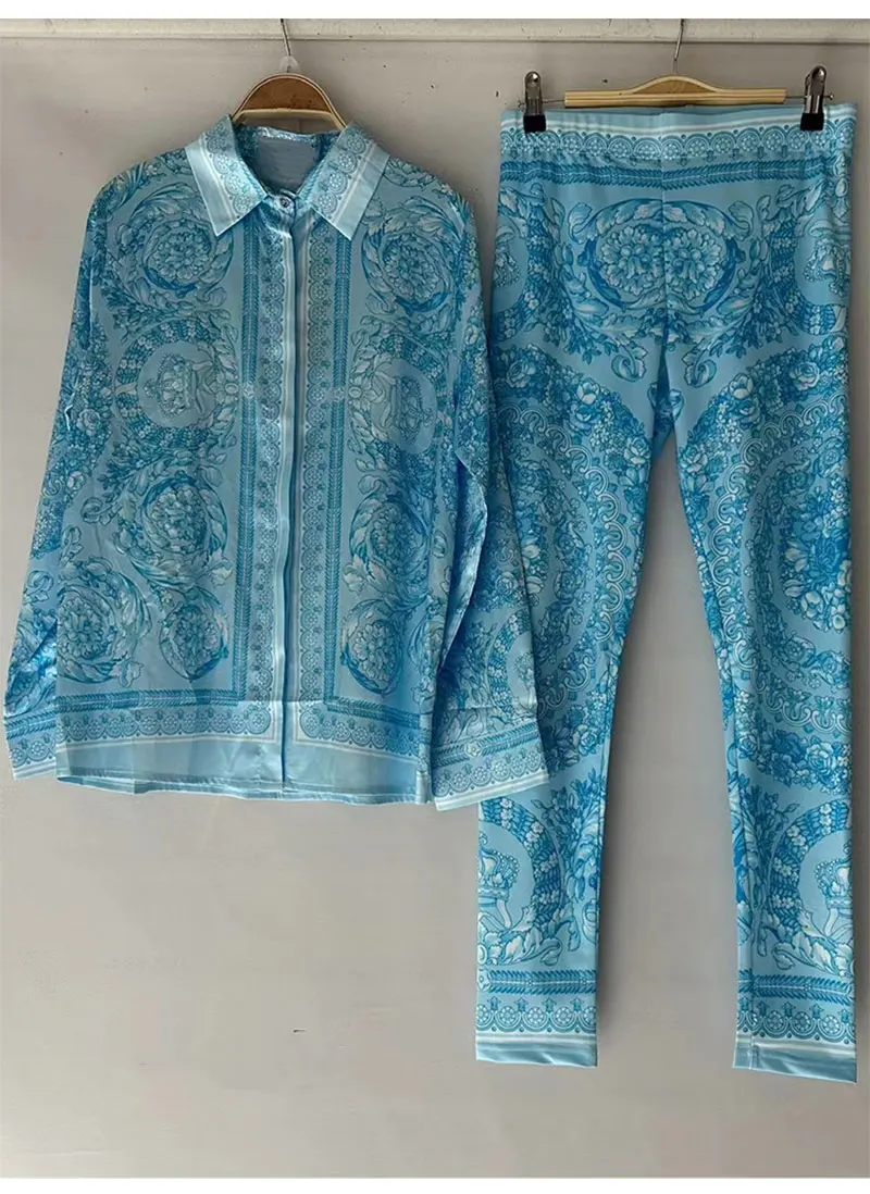 Retro Printed Lapel Long-Sleeved Shirt 2025 Spring Women's New Suit + Elastic Waist Slim Elastic Feet Pants Fashion Two-Piece Su