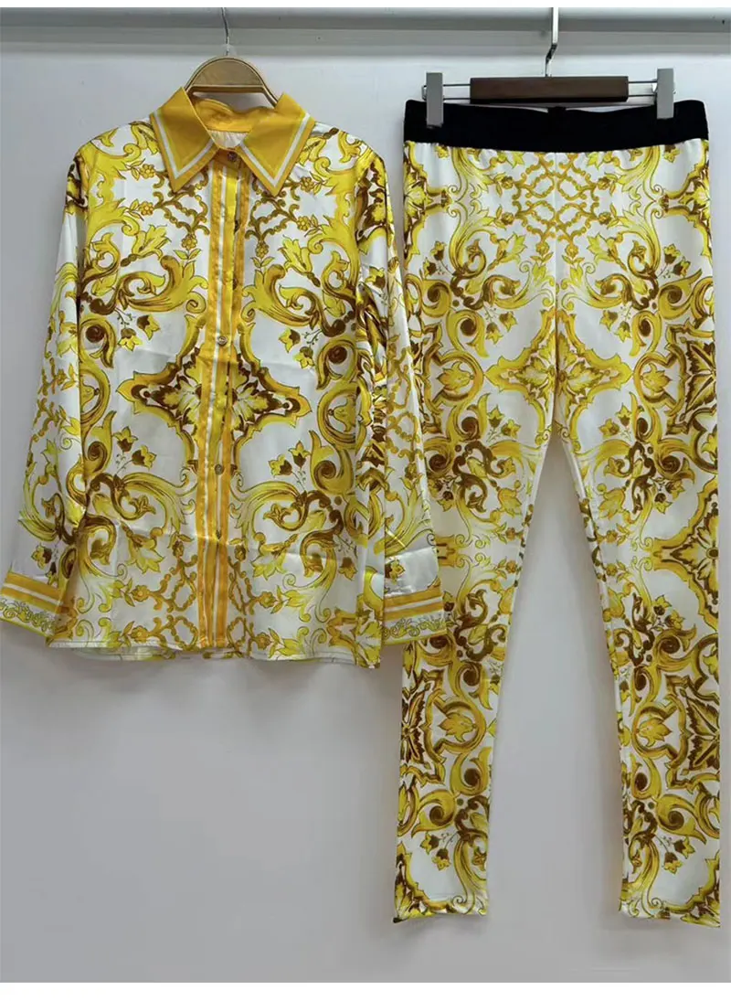 Retro Printed Lapel Long-Sleeved Shirt 2025 Spring Women's New Suit + Elastic Waist Slim Elastic Feet Pants Fashion Two-Piece Su
