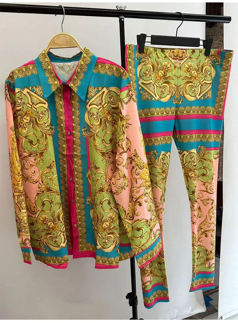 Retro Printed Lapel Long-Sleeved Shirt 2025 Spring Women's New Suit + Elastic Waist Slim Elastic Feet Pants Fashion Two-Piece Su
