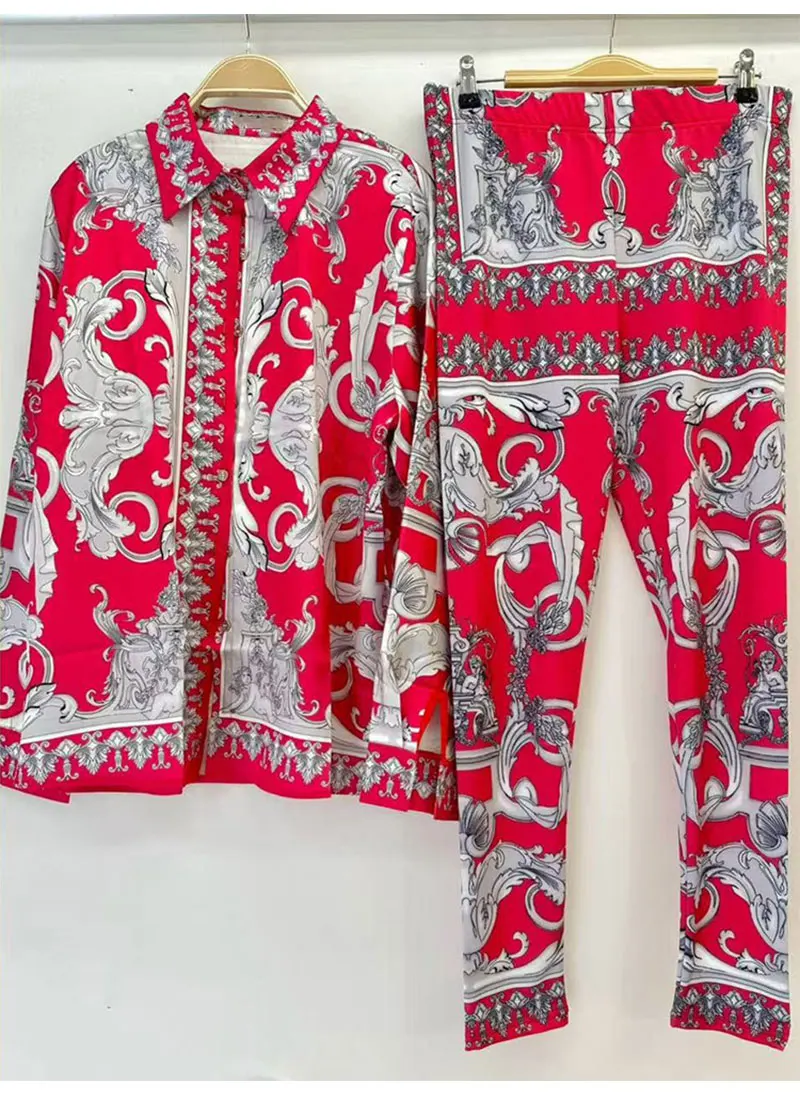 Retro Printed Lapel Long-Sleeved Shirt 2025 Spring Women's New Suit + Elastic Waist Slim Elastic Feet Pants Fashion Two-Piece Su