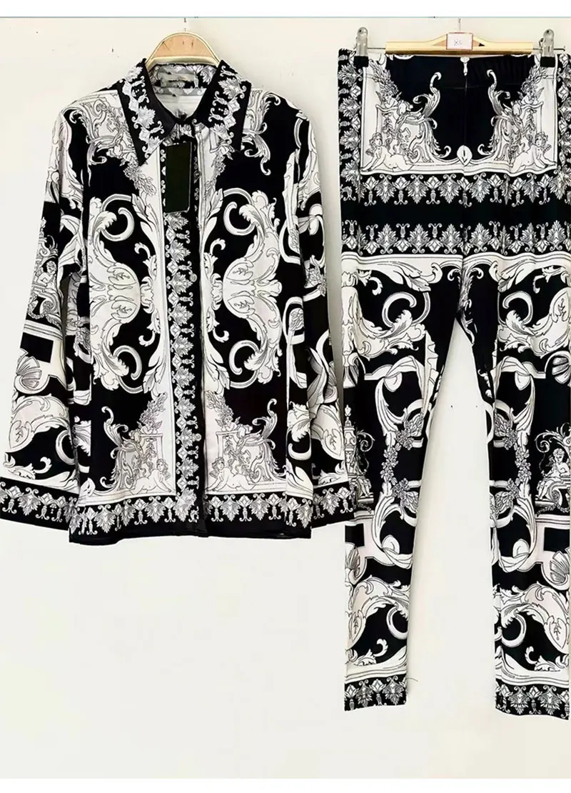 Retro Printed Lapel Long-Sleeved Shirt 2025 Spring Women's New Suit + Elastic Waist Slim Elastic Feet Pants Fashion Two-Piece Su