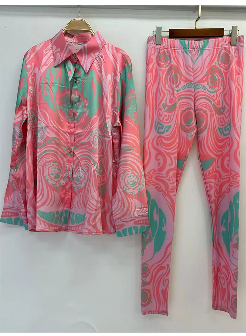 Retro Printed Lapel Long-Sleeved Shirt 2025 Spring Women's New Suit + Elastic Waist Slim Elastic Feet Pants Fashion Two-Piece Su