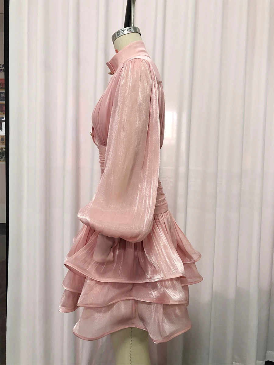 VGH Elegant Pink High Neck Organza Fabric Mini Dresses for Women Puff Sleevs Ruched Waist Tiered Ruffles for Cocktail Parties