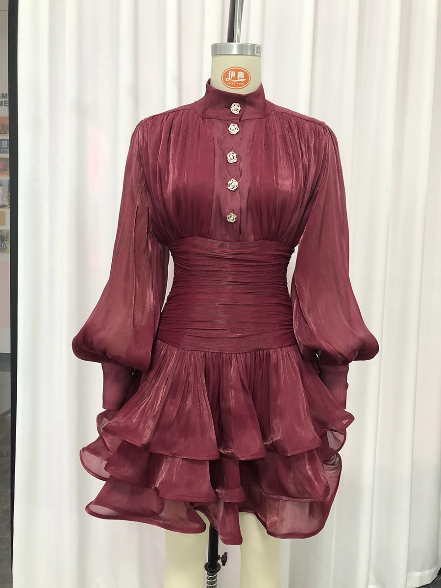 VGH Elegant Pink High Neck Organza Fabric Mini Dresses for Women Puff Sleevs Ruched Waist Tiered Ruffles for Cocktail Parties