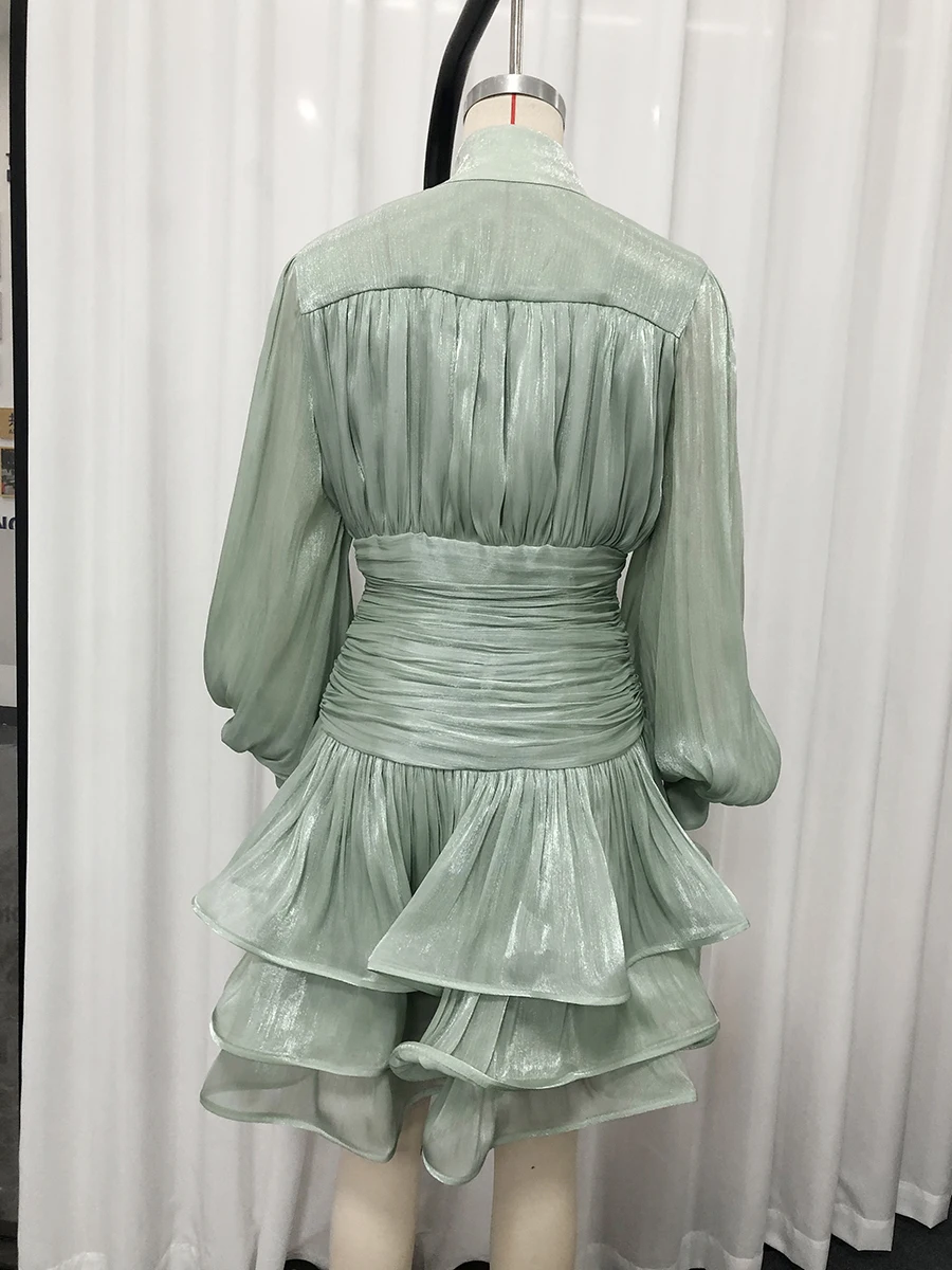 VGH Elegant Pink High Neck Organza Fabric Mini Dresses for Women Puff Sleevs Ruched Waist Tiered Ruffles for Cocktail Parties