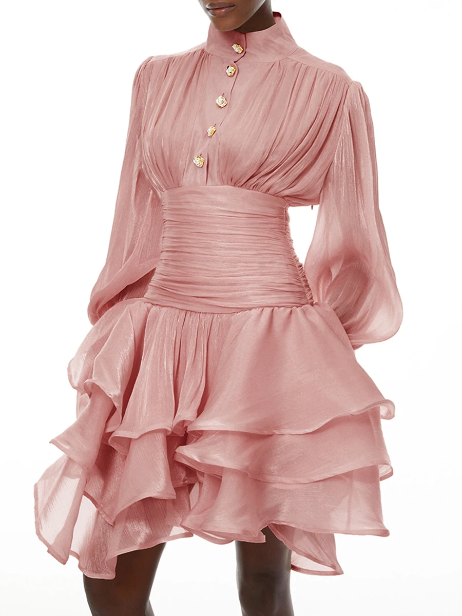 VGH Elegant Pink High Neck Organza Fabric Mini Dresses for Women Puff Sleevs Ruched Waist Tiered Ruffles for Cocktail Parties