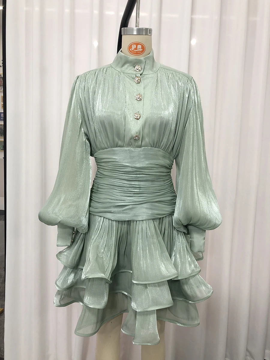 VGH Elegant Pink High Neck Organza Fabric Mini Dresses for Women Puff Sleevs Ruched Waist Tiered Ruffles for Cocktail Parties