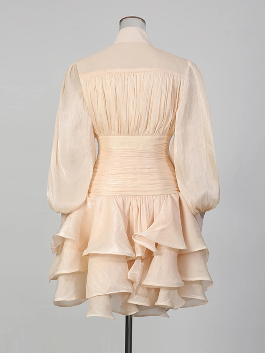 VGH Elegant Pink High Neck Organza Fabric Mini Dresses for Women Puff Sleevs Ruched Waist Tiered Ruffles for Cocktail Parties