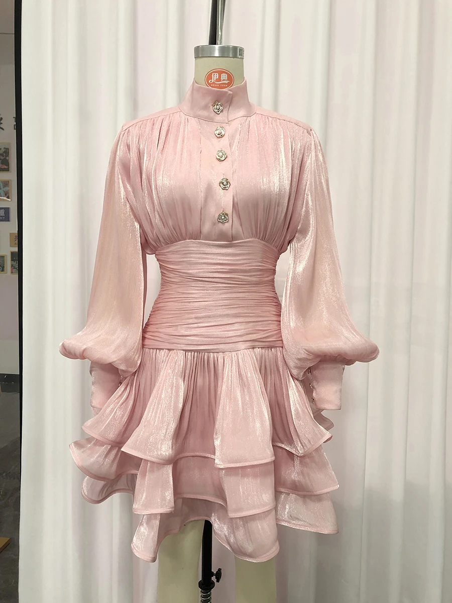 VGH Elegant Pink High Neck Organza Fabric Mini Dresses for Women Puff Sleevs Ruched Waist Tiered Ruffles for Cocktail Parties
