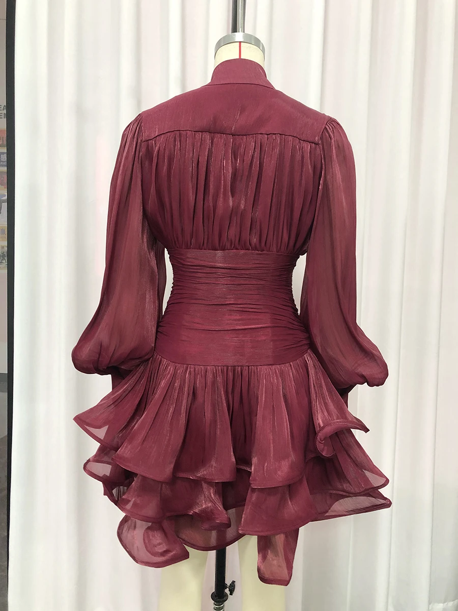 VGH Elegant Pink High Neck Organza Fabric Mini Dresses for Women Puff Sleevs Ruched Waist Tiered Ruffles for Cocktail Parties