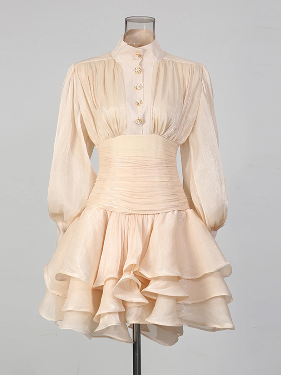 VGH Elegant Pink High Neck Organza Fabric Mini Dresses for Women Puff Sleevs Ruched Waist Tiered Ruffles for Cocktail Parties