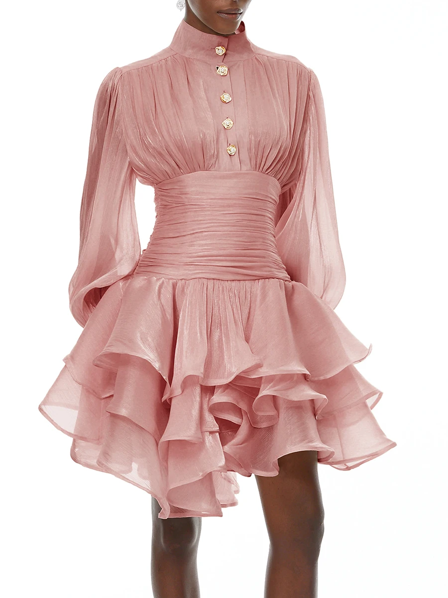 VGH Elegant Pink High Neck Organza Fabric Mini Dresses for Women Puff Sleevs Ruched Waist Tiered Ruffles for Cocktail Parties
