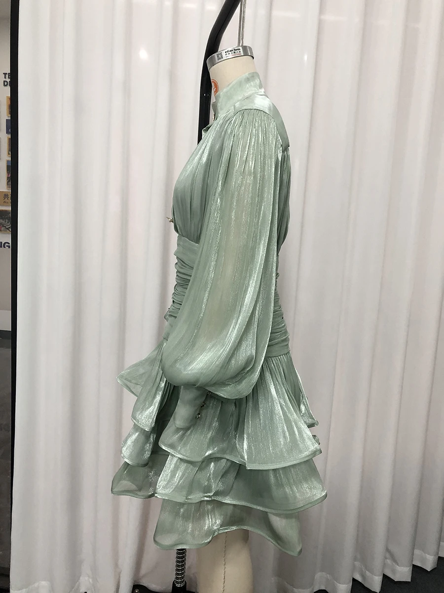VGH Elegant Pink High Neck Organza Fabric Mini Dresses for Women Puff Sleevs Ruched Waist Tiered Ruffles for Cocktail Parties