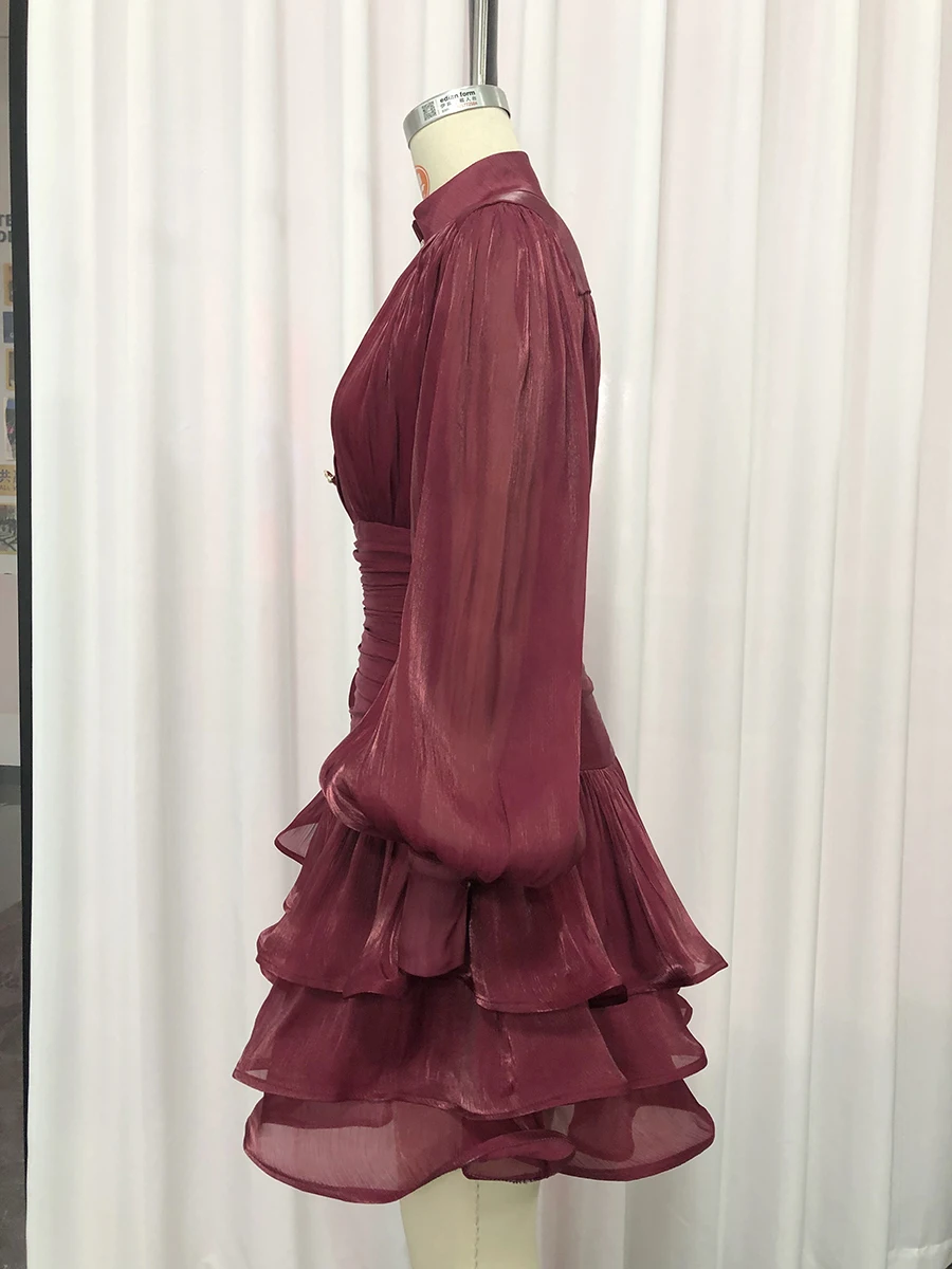 VGH Elegant Pink High Neck Organza Fabric Mini Dresses for Women Puff Sleevs Ruched Waist Tiered Ruffles for Cocktail Parties
