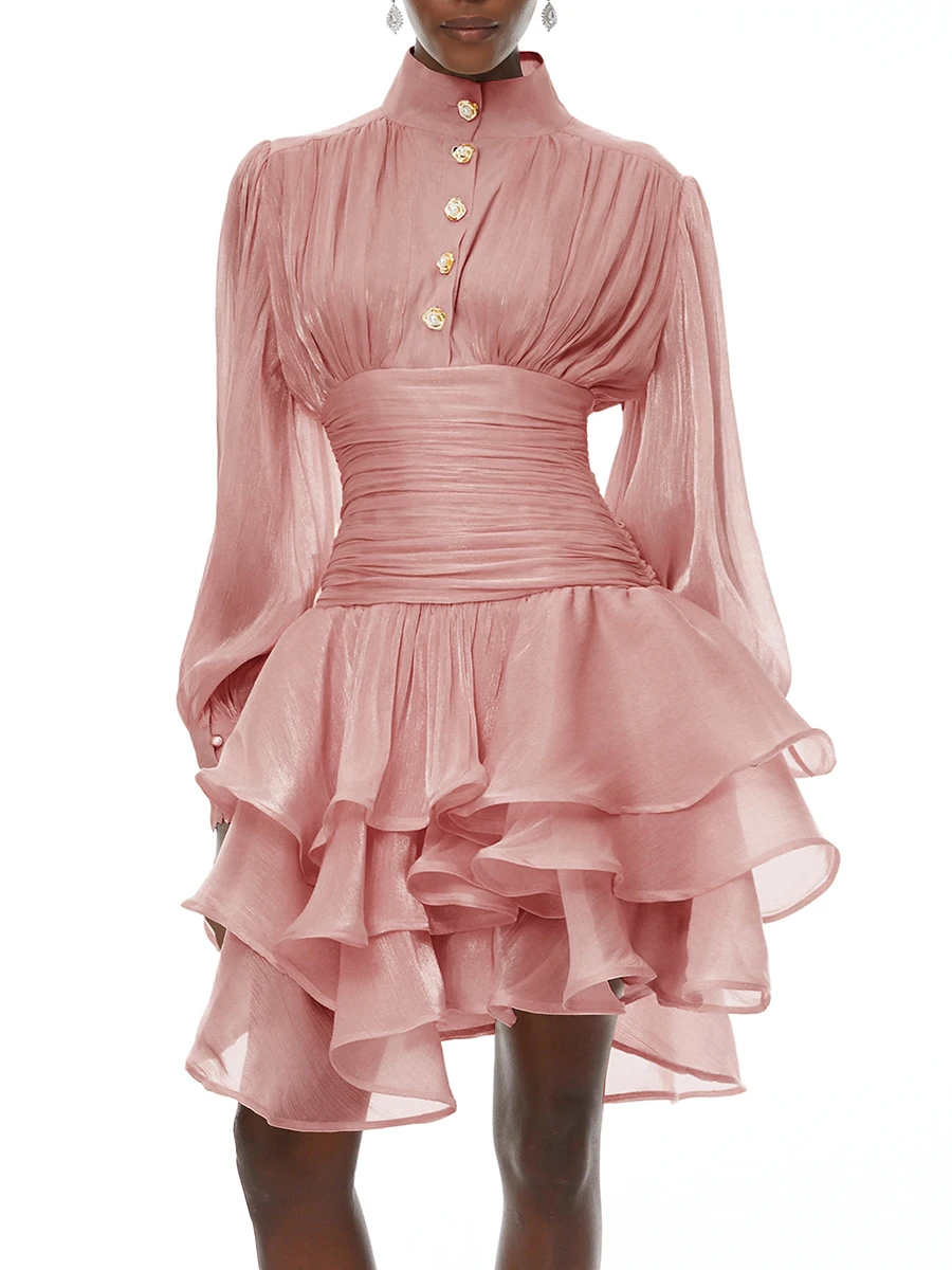 VGH Elegant Pink High Neck Organza Fabric Mini Dresses for Women Puff Sleevs Ruched Waist Tiered Ruffles for Cocktail Parties
